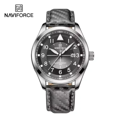 NAVIFORCE NF8022 Original New Men Business Watches Waterproof Leather Sport Wristwatch Quartz Date Display Male Clock - Silver Grey